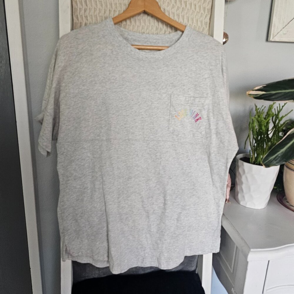 PINK Victoria’s Secret Oversized Tee Sz Small Gray w/ Rainbow Logo